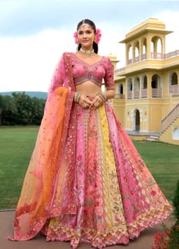 Pink Silk Bridal Lehenga with Mirror & Embroidery Work