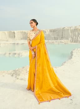 Premium Yellow Organza Satin Saree for Haldi & Wedding