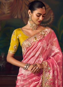 Candy Pink Silk Saree with Floral Embroidery