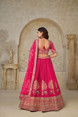 Rani Pink Silk Designer Bridal Lehenga Choli Back View