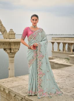 Sky Blue Viscose Jacquard Khatli Bridal Saree