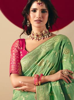 Mint Green Wedding Saree With Weaving Work
