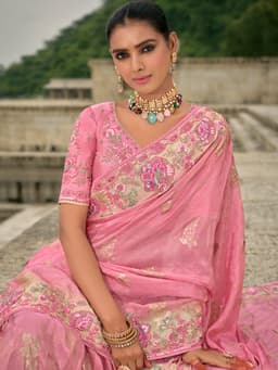 Pink Jacquard Viscose Khatli Work Party Saree