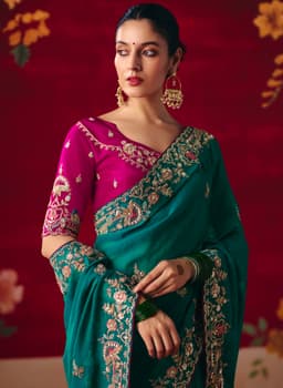 Teal Green Embroidered Party Wear Saree