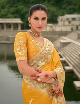 Yellow Viscose Jacquard Khatli Work Haldi Saree