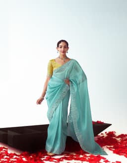 Sky Blue Embroidered Wedding Saree