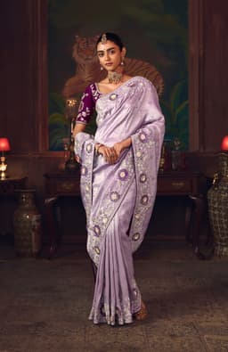 Lavender Purple Silk Saree with Floral Embroidery