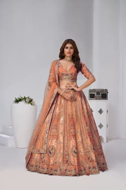 Rust Orange Banarasi Silk Bridal Lehenga for Wedding Front View