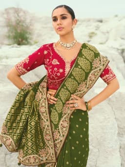 Olive Green Pure Dola Viscose Designer Wedding Saree