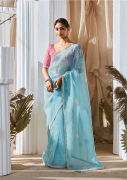 Luxury Sky Blue Organza Saree for Wedding & Party Wear