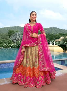 Hot Pink Gold Silk Bridal Lehenga Choli Front View