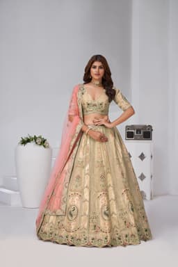Cream Raw Silk Bridal Lehenga for Wedding Front View