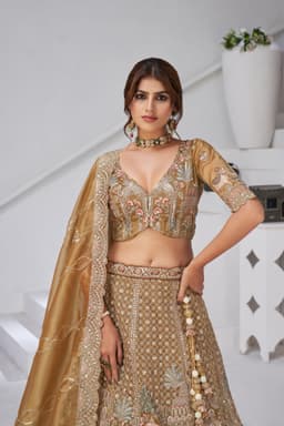 Mehndi Organza Tissue Bridal Lehenga for Wedding Close Up