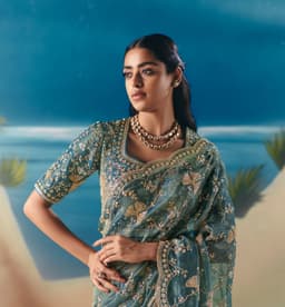 Teal Blue Party Wear Satin Organza Saree