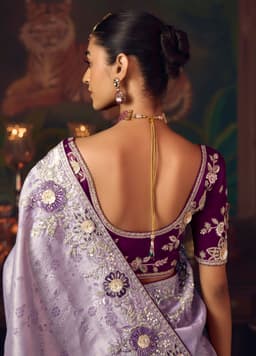 Lavender Purple Silk Saree with Floral Embroidery