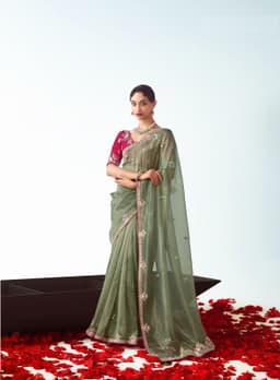 Olive Green Embroidered Wedding Saree