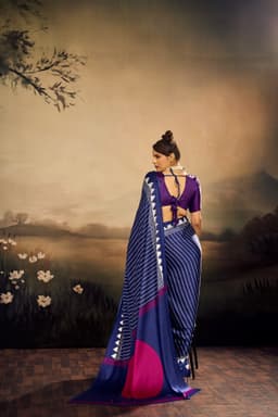 Navy Blue Modal Satin Ajrakh Print Saree