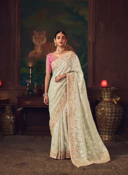 Ivory Silk Jacquard Saree with Embroidery