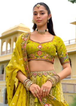 Luxury Lime Yellow Silk Bridal Lehenga Embroidered Blouse Close Up