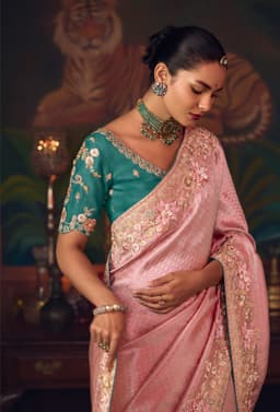 Dusty Rose Pink Silk Bridal Saree with Floral Embroidery