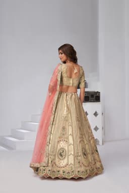 Cream Raw Silk Bridal Lehenga for Wedding Back View
