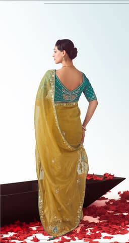 Golden Olive Designer Wedding Saree with Handwork