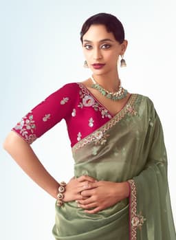 Olive Green Embroidered Wedding Saree
