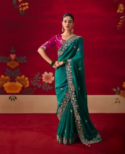 Teal Green Embroidered Party Wear Saree