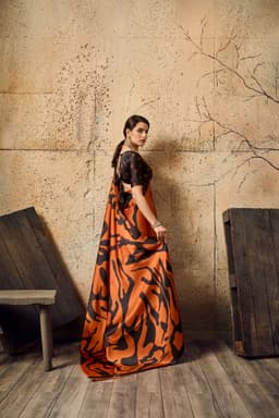 Burnt Orange Modal Satin Ajrakh Print Saree